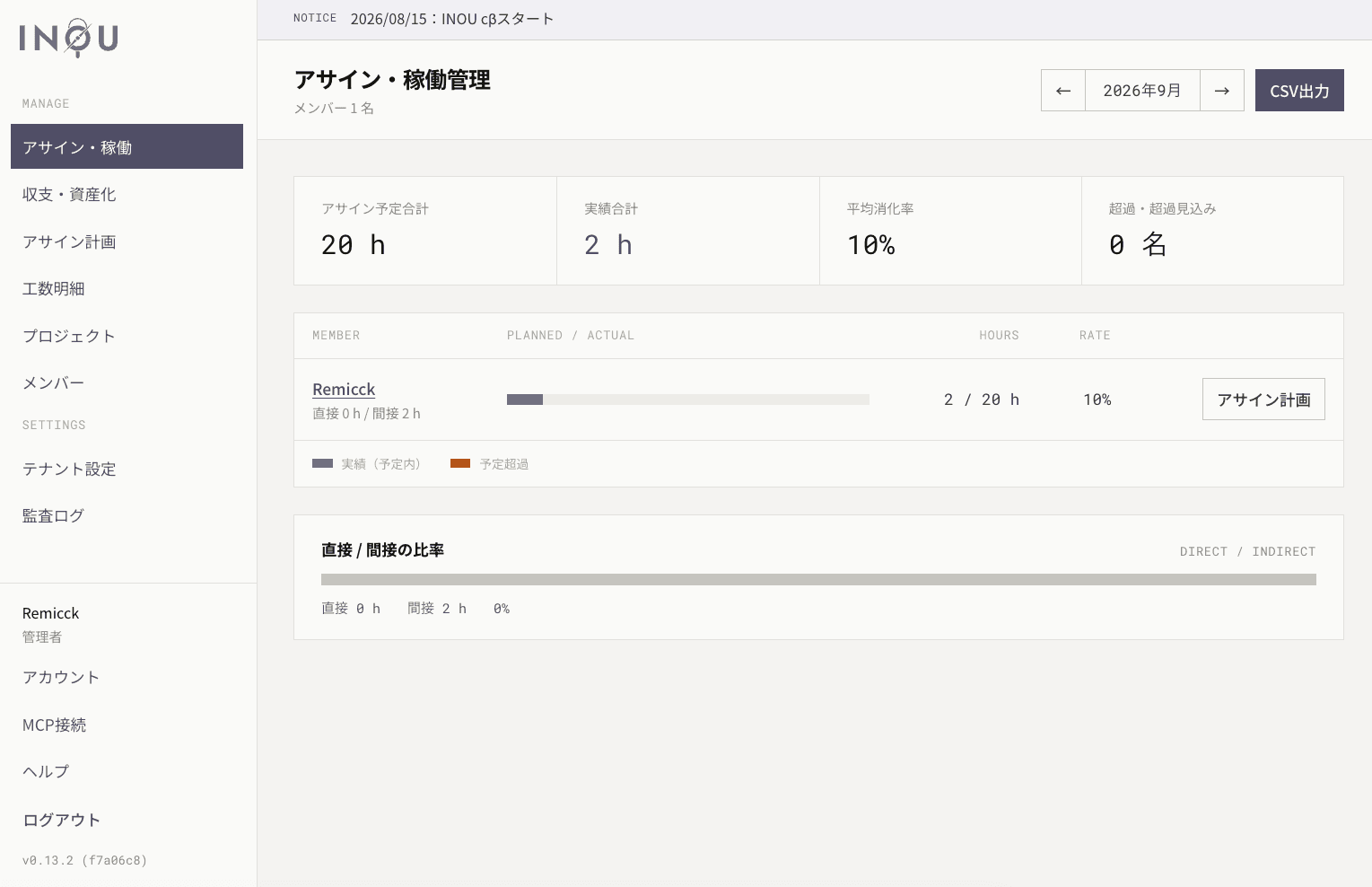 INOUのアサイン・稼働管理画面